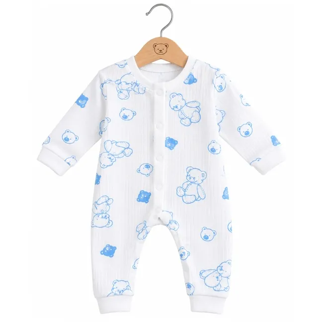Salopetă bebe albă cu ursuleți bleu, m&acirc;necă lungă, &icirc;nchidere cu capse, 0-3 luni hsn557sbs-1