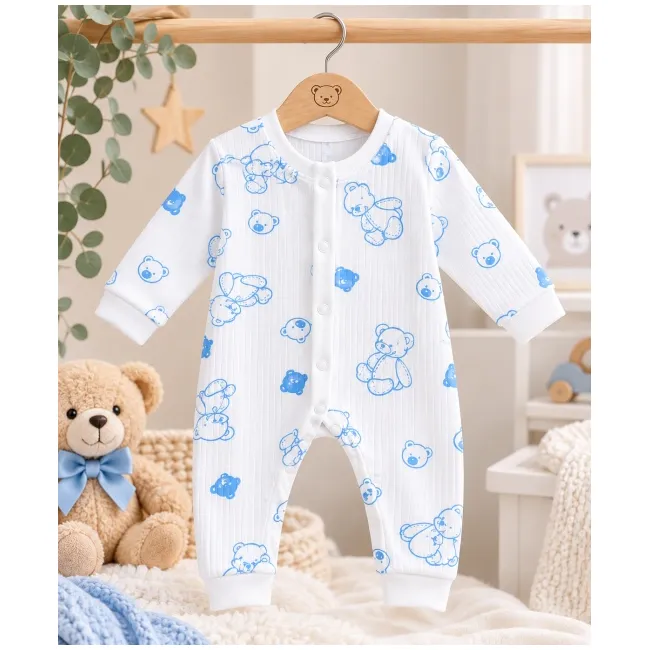 Salopetă bebe albă cu ursuleți bleu, m&acirc;necă lungă, &icirc;nchidere cu capse, 0-3 luni hsn557sbs-1