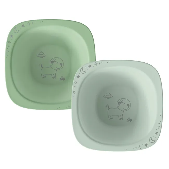 Set 2 castroane nip&reg; pentru mancarea copiilor cu motive gravate laser, din peste 90% materii prime vegetale, fara melamina, lavabile in masina de spalat vase, Made in Germany, 4+ luni, verde, nip 38844