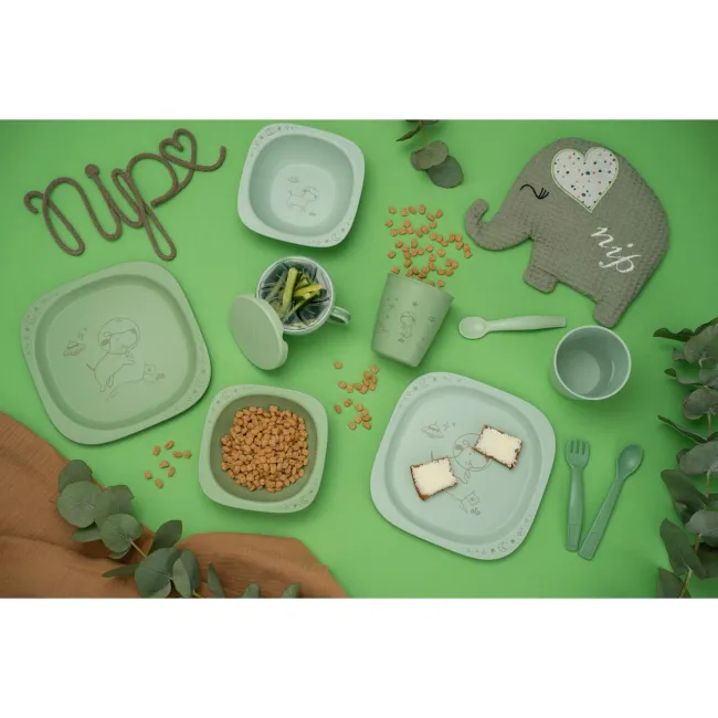 Set 2 castroane nip&reg; pentru mancarea copiilor cu motive gravate laser, din peste 90% materii prime vegetale, fara melamina, lavabile in masina de spalat vase, Made in Germany, 4+ luni, verde, nip 38844