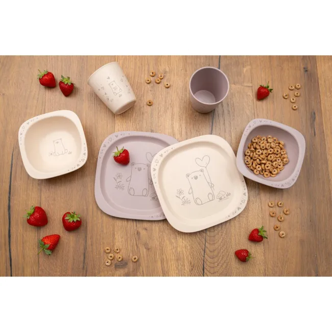 Set 2 castroane nip&reg; pentru mancarea copiilor cu motive gravate laser, din plastic cu peste 90% materii prime vegetale, fara melamina, lavabile in masina de spalat vase, Made in Germany, 4+ luni, roz, nip 38843
