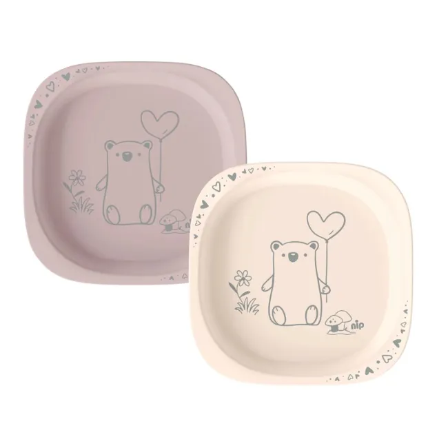 Set 2 castroane nip&reg; pentru mancarea copiilor cu motive gravate laser, din plastic cu peste 90% materii prime vegetale, fara melamina, lavabile in masina de spalat vase, Made in Germany, 4+ luni, roz, nip 38843