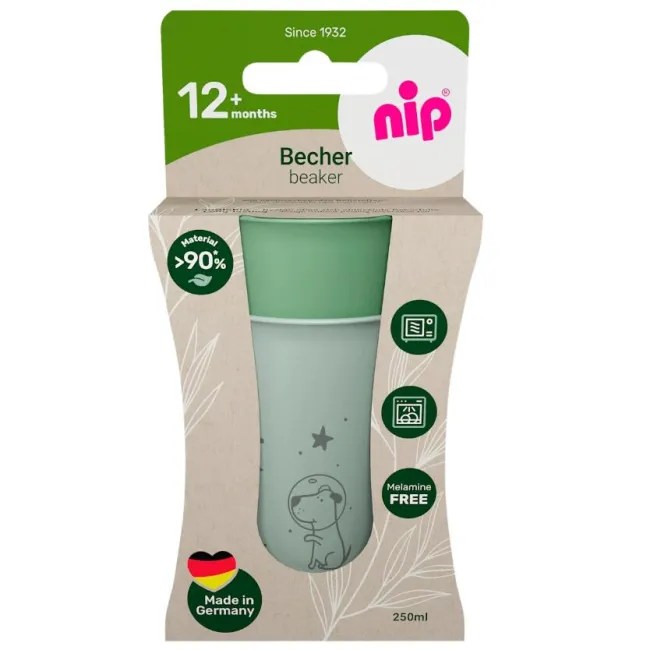 Set 2 pahare nip&reg; pentru copii, cu motive gravate laser, din peste 90% materii prime vegetale, fara melamina, lavabile in masina de spalat vase, Made in Germany, 12+ luni, verde, nip 38841