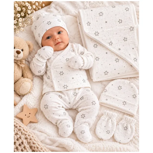 Set bebeluși din 5 piese alb cu model stelute, bumbac 100% sbshsn677-1