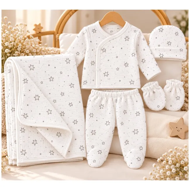 Set bebeluși din 5 piese alb cu model stelute, bumbac 100% sbshsn677-1