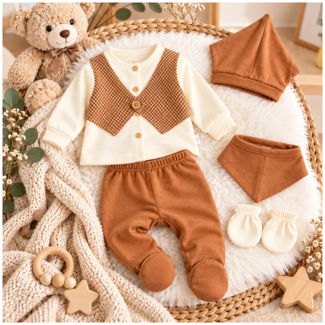 Set nou-născut băiețel 5 piese, maro și crem, bluză cu vestă, pantaloni cu botoșei, căciuliță, bavetă și mănuși yby21sbs
