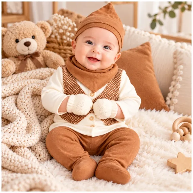 Set nou-născut băiețel 5 piese, maro și crem, bluză cu vestă, pantaloni cu botoșei, căciuliță, bavetă și mănuși yby21sbs