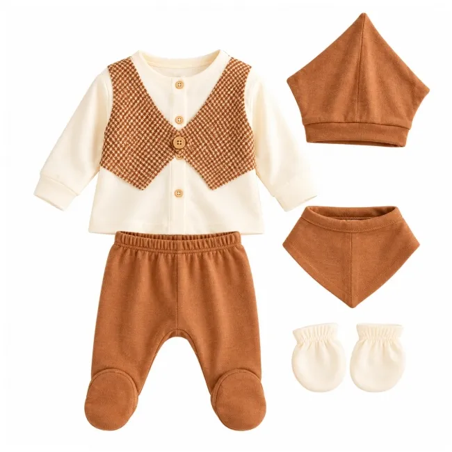 Set nou-născut băiețel 5 piese, maro și crem, bluză cu vestă, pantaloni cu botoșei, căciuliță, bavetă și mănuși yby21sbs
