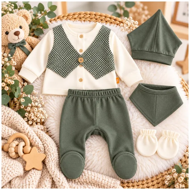 Set nou-născut băiețel 5 piese, verde kaki și crem, bluză cu vestă, pantaloni cu botoșei, căciuliță, bavetă și mănuși yby21sbs-1