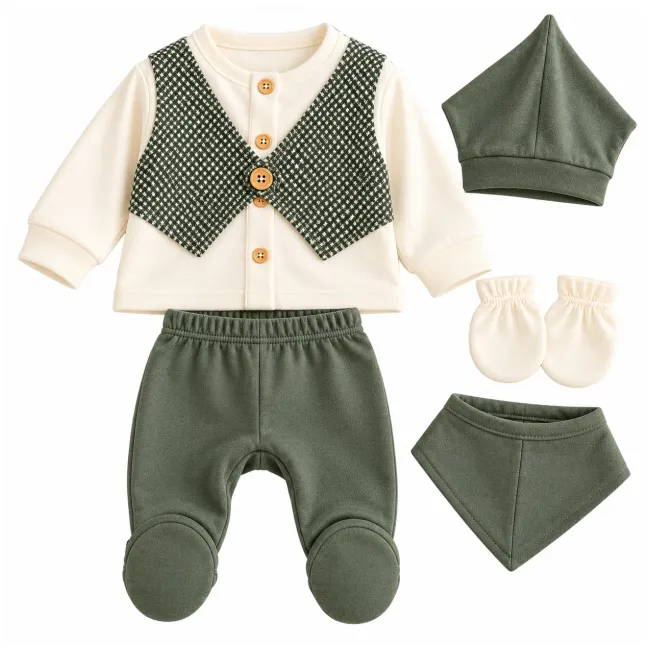 Set nou-născut băiețel 5 piese, verde kaki și crem, bluză cu vestă, pantaloni cu botoșei, căciuliță, bavetă și mănuși yby21sbs-1