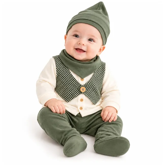 Set nou-născut băiețel 5 piese, verde kaki și crem, bluză cu vestă, pantaloni cu botoșei, căciuliță, bavetă și mănuși yby21sbs-1