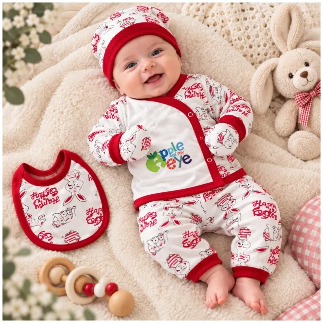 Set nou-născut bebe 5 piese, alb cu roșu, imprimeu iepurași, bluză, pantaloni, căciuliță, bavetă și mănuși mtr32sbs-a