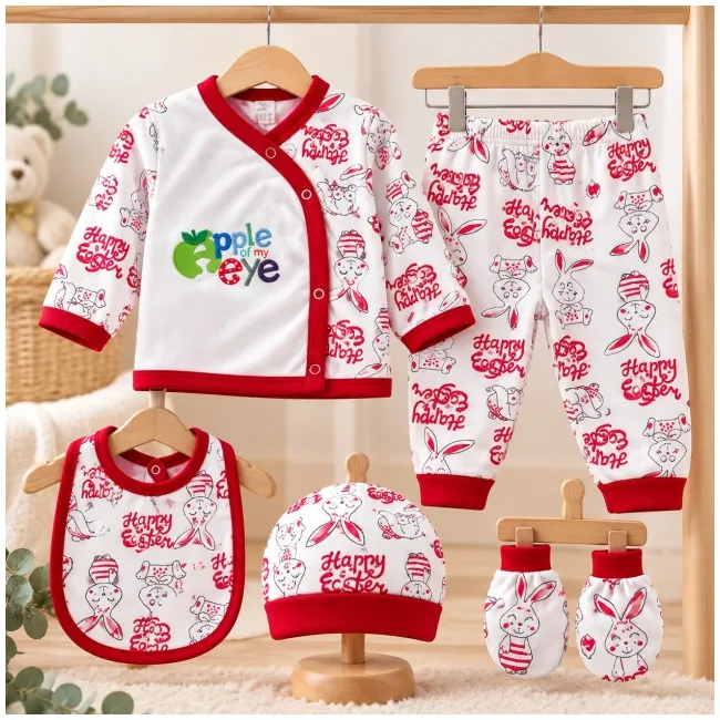 Set nou-născut bebe 5 piese, alb cu roșu, imprimeu iepurași, bluză, pantaloni, căciuliță, bavetă și mănuși mtr32sbs-a