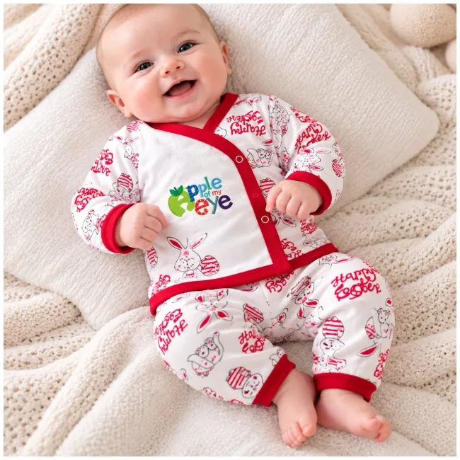Set nou-născut bebe 5 piese, alb cu roșu, imprimeu iepurași, bluză, pantaloni, căciuliță, bavetă și mănuși mtr32sbs-a