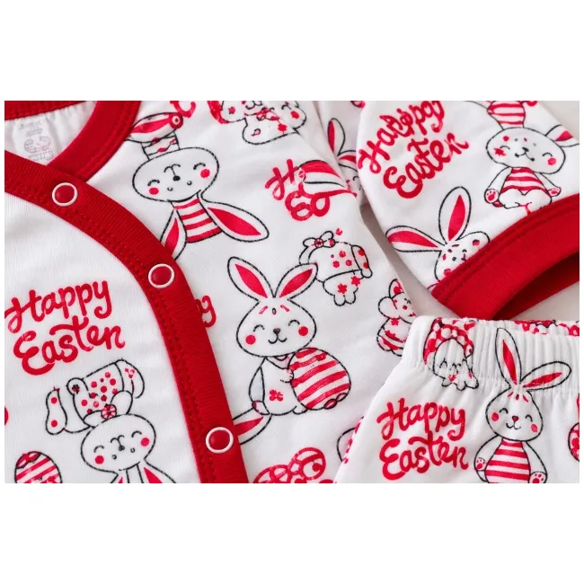 Set nou-născut bebe 5 piese, alb cu roșu, imprimeu iepurași, bluză, pantaloni, căciuliță, bavetă și mănuși mtr32sbs-a