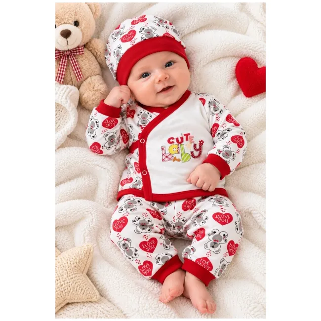 Set nou-născut bebe 5 piese, alb cu roșu, imprimeu ursuleți și inimioare, bluză, pantaloni, căciuliță, bavetă și mănuși mtr32sbs-5