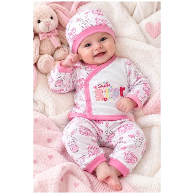 Set nou-născut fetiță 5 piese, alb cu roz, imprimeu iepurași, bluză, pantaloni, căciuliță, bavetă și mănuși mtr32sbs-6
