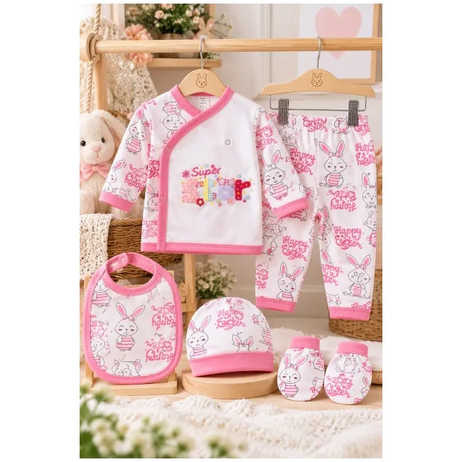 Set nou-născut fetiță 5 piese, alb cu roz, imprimeu iepurași, bluză, pantaloni, căciuliță, bavetă și mănuși mtr32sbs-6
