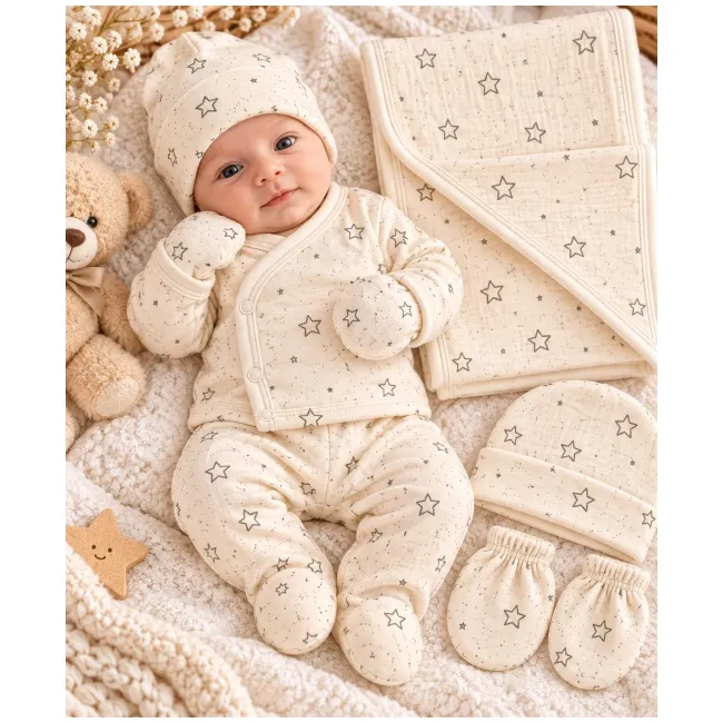 Set pentru bebeluși din 5 piese ivoire cu model stelute, bumbac 100% sbshsn677-1