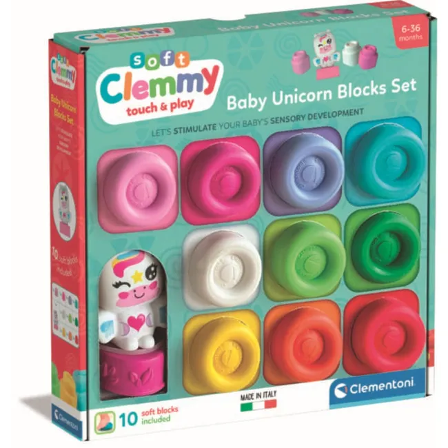 Clementoni - Set de joaca educational Soft Clemmy Unicorn cu 10 cuburi de constructie moi si lavabile - ARTCL17630