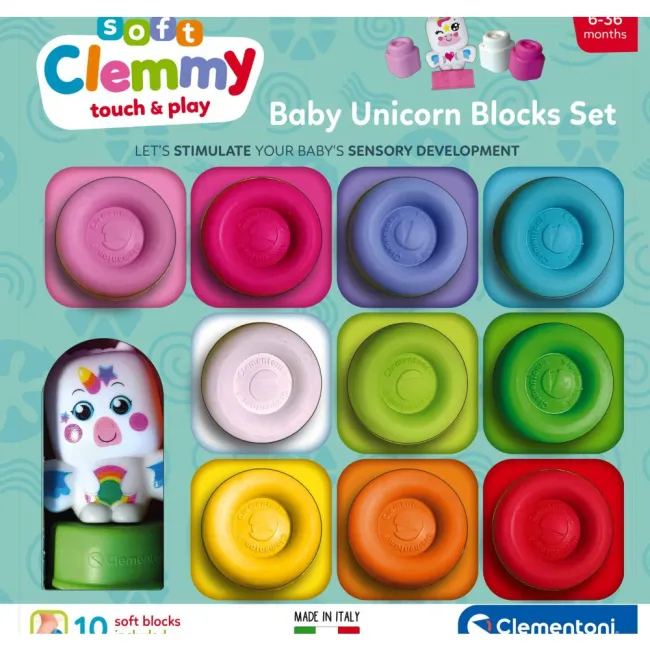 Clementoni - Set de joaca educational Soft Clemmy Unicorn cu 10 cuburi de constructie moi si lavabile - ARTCL17630