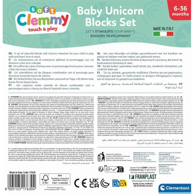 Clementoni - Set de joaca educational Soft Clemmy Unicorn cu 10 cuburi de constructie moi si lavabile - ARTCL17630