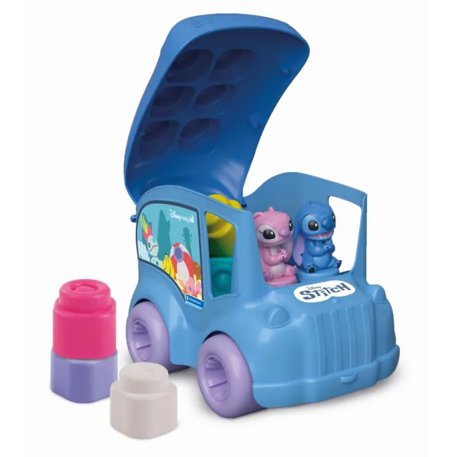 Clementoni - Jucarie educationala Soft Clemmy autobuz Disney Stitch cu 2 figurine si 6 cuburi moi si lavabile - ARTCL17974