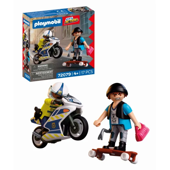 Playmobil - Jucarie de rol Politist cu motocicleta in urmarirea hotului - ARTPM72079