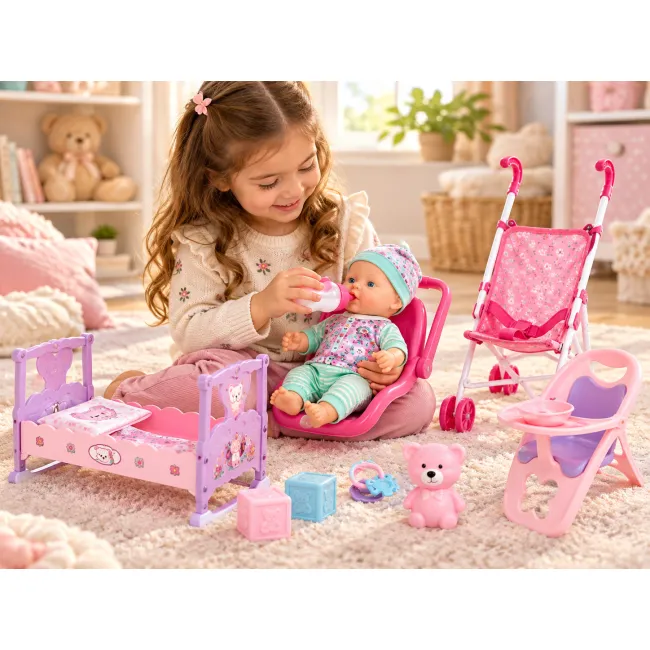 Bimbo Baby Skyler &ndash; set complet cu papusa 30 cm, patut, carucior si accesorii, 24+ luni SOLGL43336