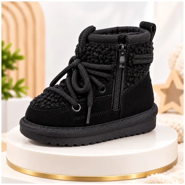 Cizme negre imblanite pentru fete superbaby din piele ecologica, talpa cauciuc, cu siret si fermoar, peste glezna, casual