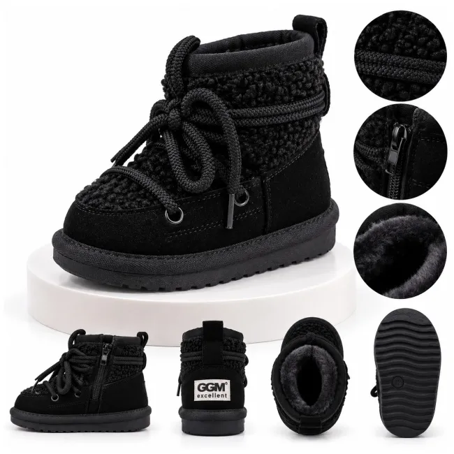 Cizme negre imblanite pentru fete superbaby din piele ecologica, talpa cauciuc, cu siret si fermoar, peste glezna, casual