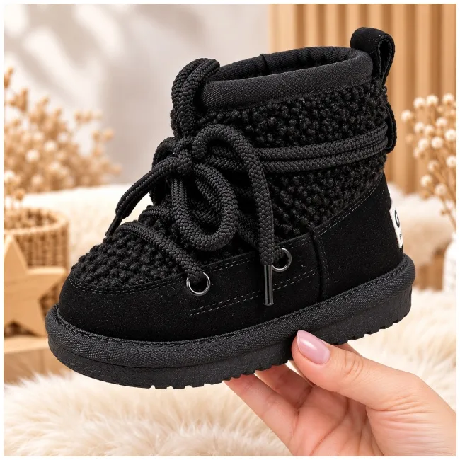 Cizme negre imblanite pentru fete superbaby din piele ecologica, talpa cauciuc, cu siret si fermoar, peste glezna, casual