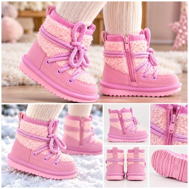 Cizme roz imblanite pentru fete superbaby din piele ecologica, talpa cauciuc, cu siret si fermoar, peste glezna, casual