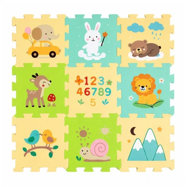 Covoras puzzle Nexli, Petite&Mars, Pentru copii, Din spuma, 90x90 cm, 9 bucati, 36 luni+, Forest Friends BYN960131