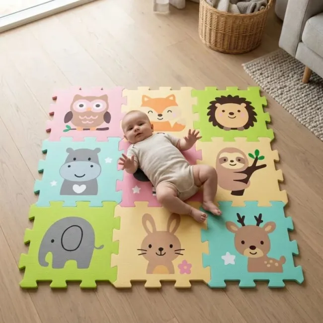 Covoras puzzle Nexli, Petite&Mars, Pentru copii, Din spuma, 90x90 cm, 9 bucati, 36 luni+, Safari Friends BYN960130