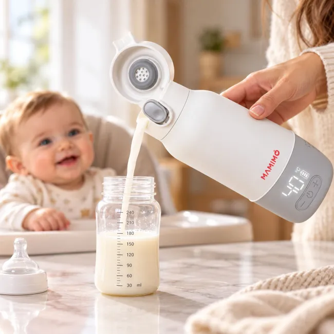 Incalzitor portabil apa si lapte pentru bebelusi mamimo, termos electric 500 ml, baterie 10.400 mah, temperatura reglabila 37&ndash;55&deg;c si 100&deg;c, incalzire rapida, mentinere temperatura, dezinfectare, afisaj led, inox 316l, alb/gri