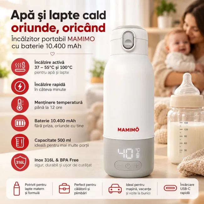 Incalzitor portabil apa si lapte pentru bebelusi mamimo, termos electric 500 ml, baterie 10.400 mah, temperatura reglabila 37&ndash;55&deg;c si 100&deg;c, incalzire rapida, mentinere temperatura, dezinfectare, afisaj led, inox 316l, alb/gri