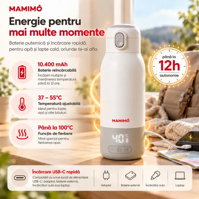 Incalzitor portabil apa si lapte pentru bebelusi mamimo, termos electric 500 ml, baterie 10.400 mah, temperatura reglabila 37&ndash;55&deg;c si 100&deg;c, incalzire rapida, mentinere temperatura, dezinfectare, afisaj led, inox 316l, alb/gri