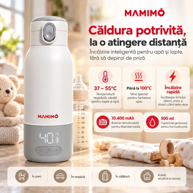 Incalzitor portabil apa si lapte pentru bebelusi mamimo, termos electric 500 ml, baterie 10.400 mah, temperatura reglabila 37&ndash;55&deg;c si 100&deg;c, incalzire rapida, mentinere temperatura, dezinfectare, afisaj led, inox 316l, alb/gri