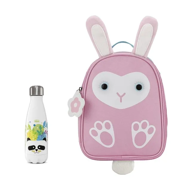 Kit geanta Chicco Iepuras cu termos inox Panda cadou, 350 ml, roz, 3 ani+ CHC1640212-8