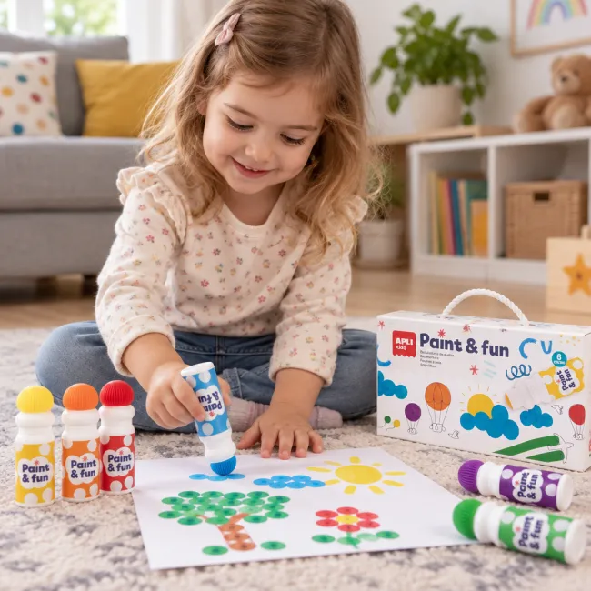 Markere pentru puncte Apli Kids Dots, 6 buc, varf rotund burete, culori asortate, cutie carton cu maner SOLAPL20629