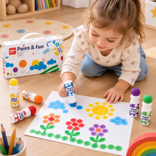 Markere pentru puncte Apli Kids Dots, 6 buc, varf rotund burete, culori asortate, cutie carton cu maner SOLAPL20629