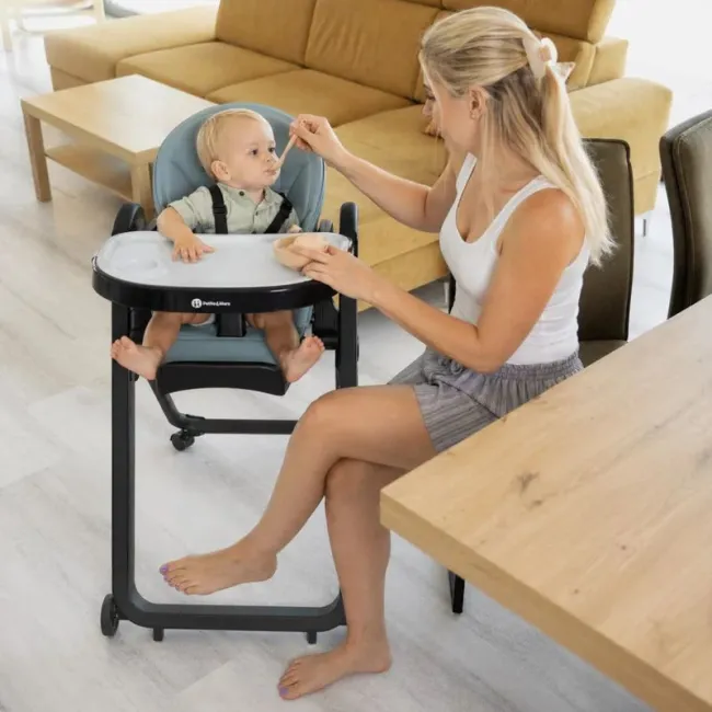 Scaun de masa, Petite&Mars, Tasty, Multifunctional 3 in 1, Pana la 15 kg, Reglabil pe inaltime in 7 pozitii, Spatar reglabil pana la 175 grade, Suport picioare si tavita reglabile, Cu roti, Pliabil, Aluminiu, 6-36 luni, Albastru BYN361878
