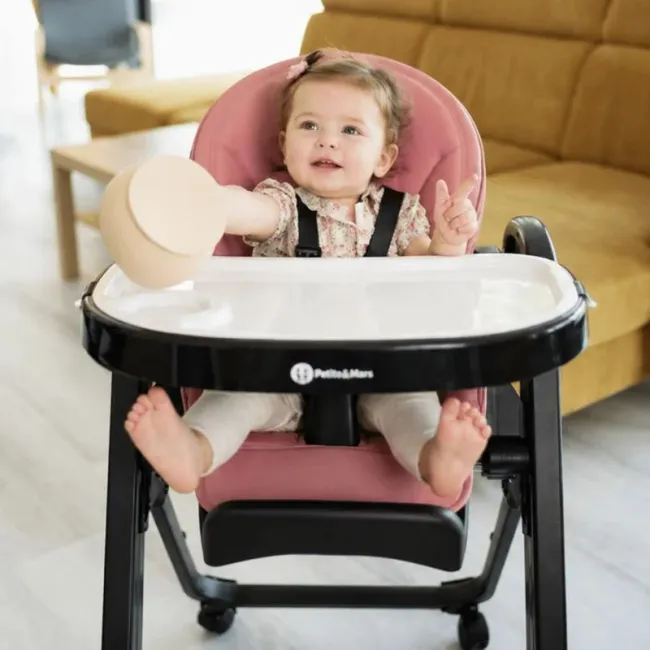 Scaun de masa, Petite&Mars, Tasty, Multifunctional 3 in 1, Pana la 15 kg, Reglabil pe inaltime in 7 pozitii, Spatar reglabil pana la 175 grade, Suport picioare si tavita reglabile, Cu roti, Pliabil, Aluminiu, 6-36 luni, Roz BYN361791
