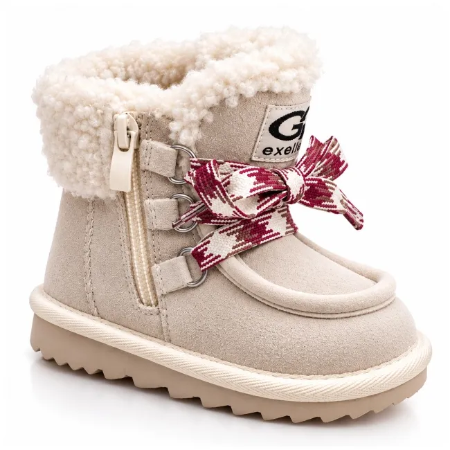 Cizme bej cu siret pentru fetite, inchidere cu fermoar, piele ecologica, model winter style
