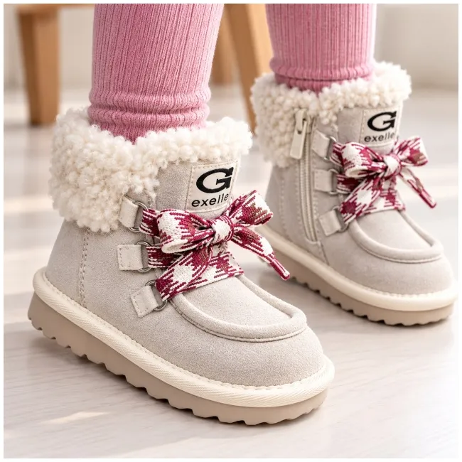 Cizme bej cu siret pentru fetite, inchidere cu fermoar, piele ecologica, model winter style