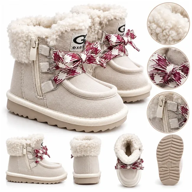 Cizme bej cu siret pentru fetite, inchidere cu fermoar, piele ecologica, model winter style