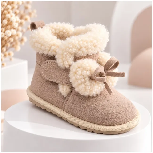 Cizme bej imblanite pentru fete superbebe shop din piele ecologica cu talpa de cauciuc si ciucurei pufosi, peste glezna, inchidere cu fermoar