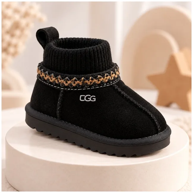 Cizme cu ciorap pentru fetite, imblanite, piele ecologica, negru, model ecuador