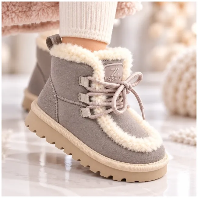 Cizme gri imblanite pentru fete din piele ecologica, talpa cauciuc, model cozy
